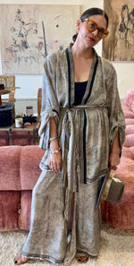 Load image into Gallery viewer, One-of-a-Kind Vintage Silk Kimono Robe Top &amp; Wide-Leg Pant Set | Repurposed Resort Wear
