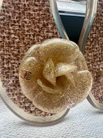 Load image into Gallery viewer, Chanel Gold glitter jelly Camellia ankle strap thong flat sandals
