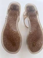 Load image into Gallery viewer, Chanel Gold glitter jelly Camellia ankle strap thong flat sandals
