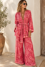 Load image into Gallery viewer, One-of-a-Kind Vintage Silk Kimono Robe Top &amp; Wide-Leg Pant Set | Upcycled Resort Wear
