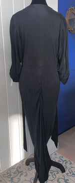 Load image into Gallery viewer, Diane von Furstenberg black V-neck, button-down shirt dress with waist tie.  
