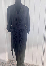 Load image into Gallery viewer, Diane von Furstenberg black V-neck, button-down shirt dress with waist tie.  

