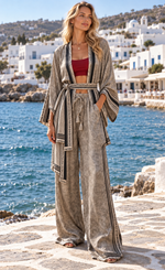 Load image into Gallery viewer, One-of-a-Kind Vintage Silk Kimono Robe Top &amp; Wide-Leg Pant Set | Upcycled Resort Wear
