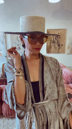 Load and play video in Gallery viewer, One-of-a-Kind Vintage Silk Kimono Robe Top &amp; Wide-Leg Pant Set | Repurposed Resort Wear
